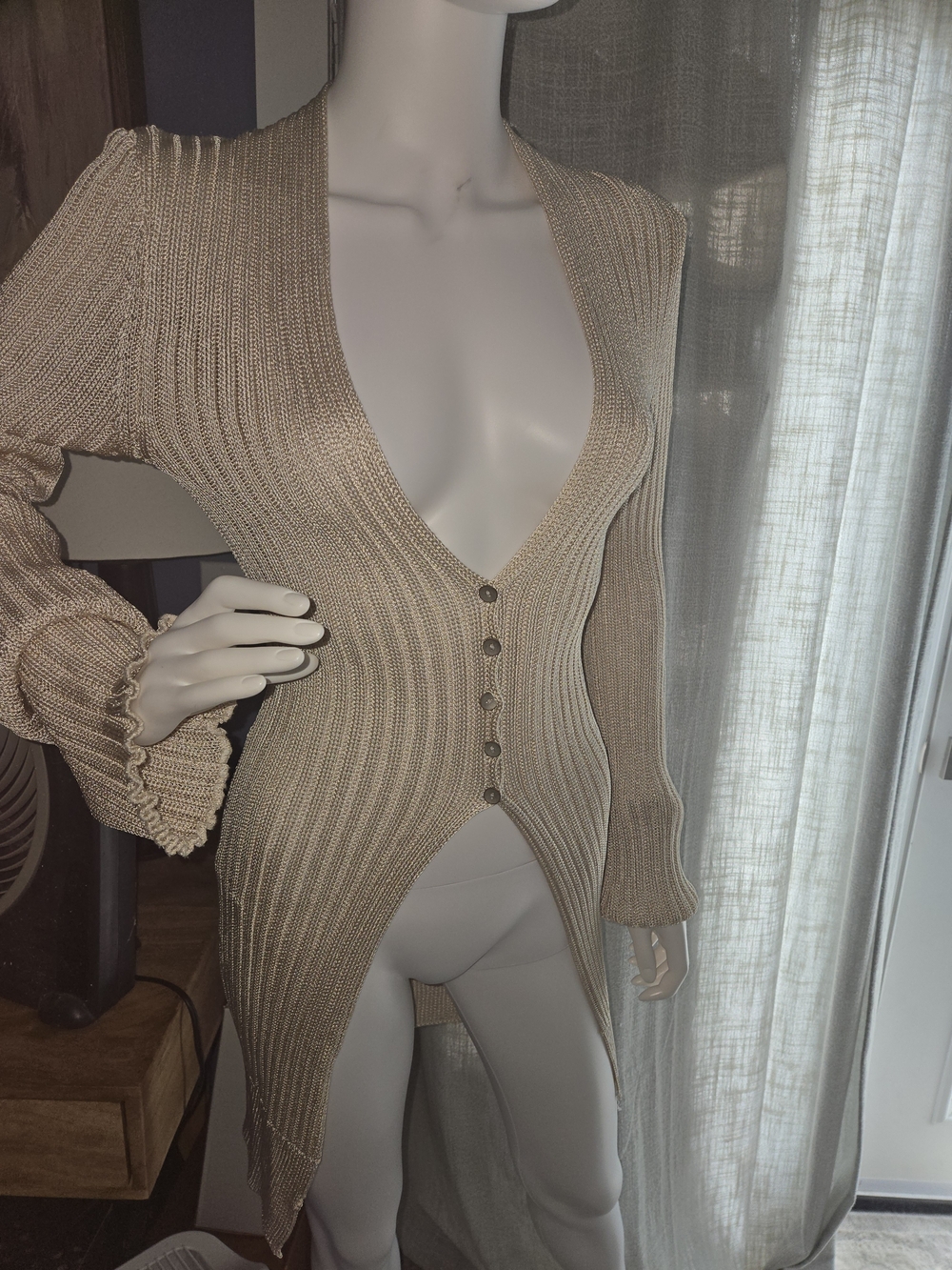 Free People Beige Ribbed Deep V Button-Front Cardigan